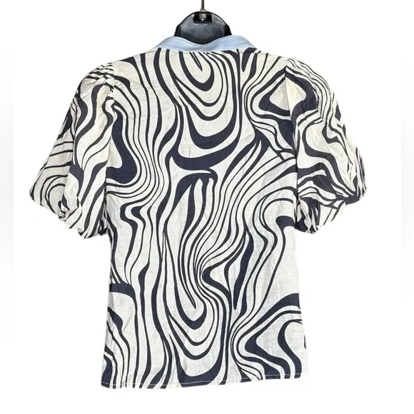 THML women’s geometric Juliet sleeves black cream v neck blue and orange trim - Picture 3 of 7